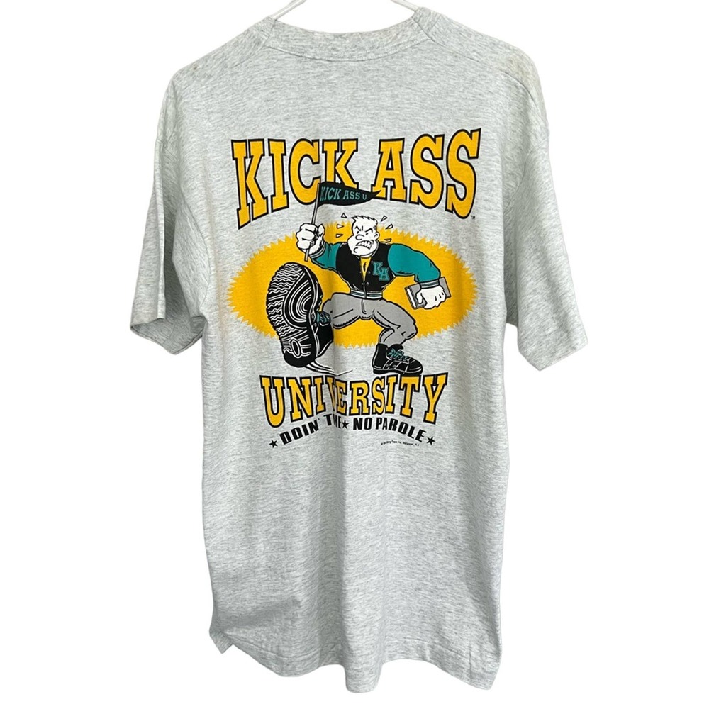 RARE VINTAGE 90’s Kick A$$ University Mens Single Stitch Graphic Shirt SZ L USA